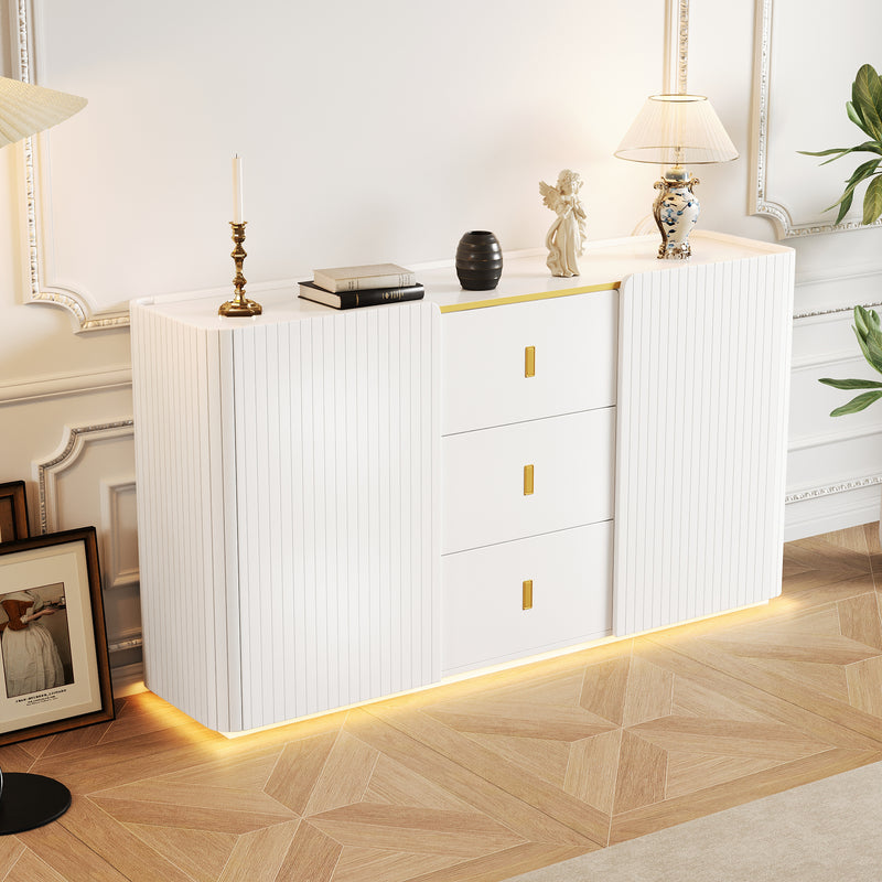 Buffet LED Multifonctionnel Blanc avec 20 Couleurs, Portes Striées et 3 Tiroirs KRAUDREL