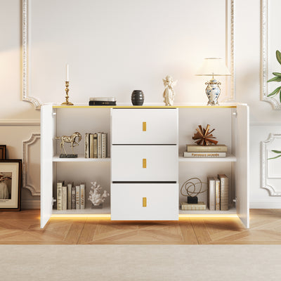 Buffet LED Multifonctionnel Blanc avec 20 Couleurs, Portes Striées et 3 Tiroirs KRAUDREL