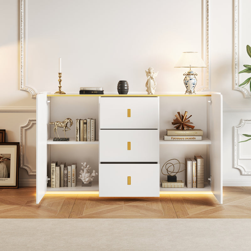 Buffet LED Multifonctionnel Blanc avec 20 Couleurs, Portes Striées et 3 Tiroirs KRAUDREL