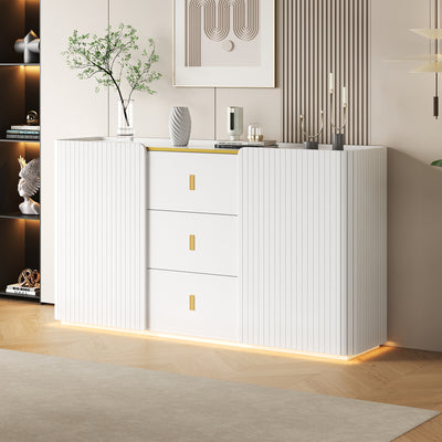 Buffet LED Multifonctionnel Blanc avec 20 Couleurs, Portes Striées et 3 Tiroirs KRAUDREL