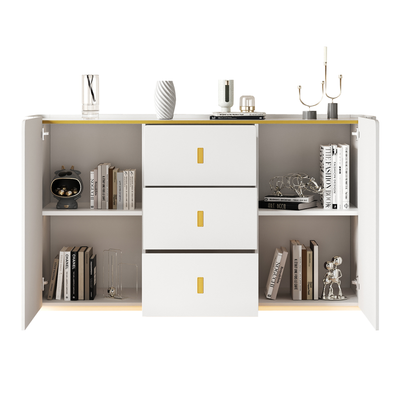 Buffet LED Multifonctionnel Blanc avec 20 Couleurs, Portes Striées et 3 Tiroirs KRAUDREL