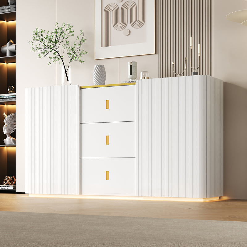 Buffet LED Multifonctionnel Blanc avec 20 Couleurs, Portes Striées et 3 Tiroirs KRAUDREL