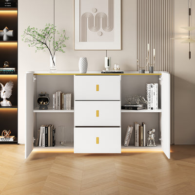 Buffet LED Multifonctionnel Blanc avec 20 Couleurs, Portes Striées et 3 Tiroirs KRAUDREL