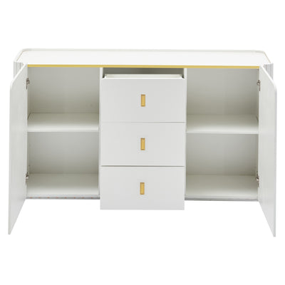 Buffet LED Multifonctionnel Blanc avec 20 Couleurs, Portes Striées et 3 Tiroirs KRAUDREL