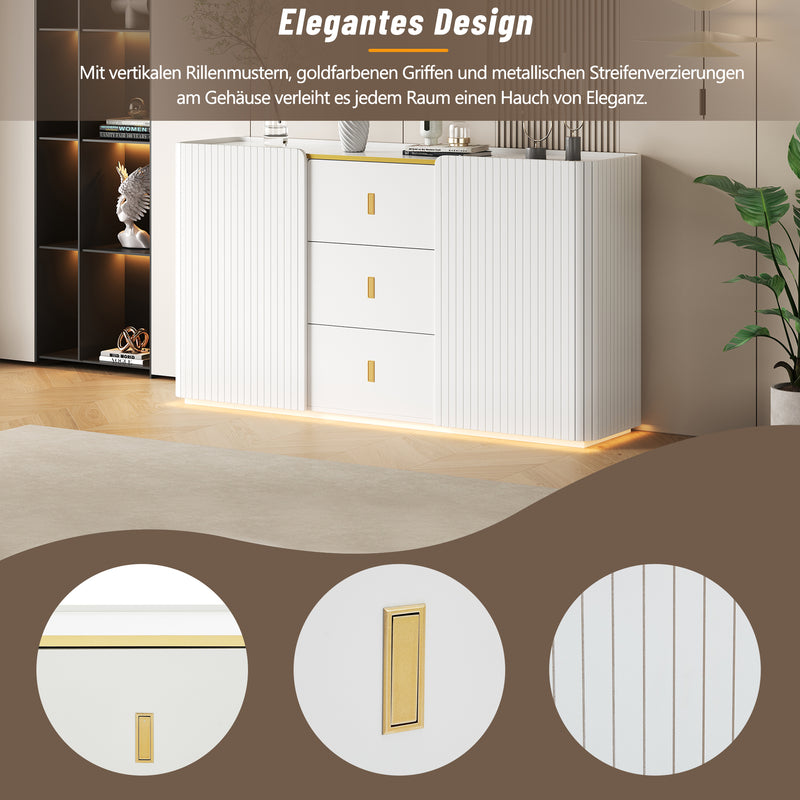 Buffet LED Multifonctionnel Blanc avec 20 Couleurs, Portes Striées et 3 Tiroirs KRAUDREL