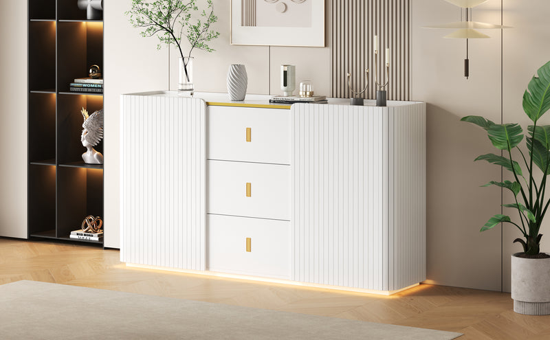 Buffet LED Multifonctionnel Blanc avec 20 Couleurs, Portes Striées et 3 Tiroirs KRAUDREL