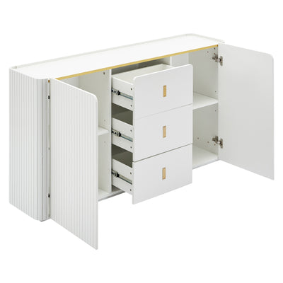 Buffet LED Multifonctionnel Blanc avec 20 Couleurs, Portes Striées et 3 Tiroirs KRAUDREL