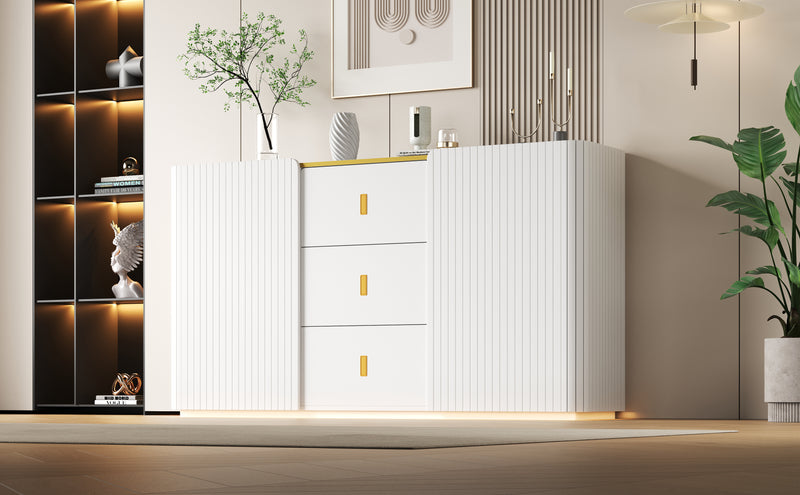 Buffet LED Multifonctionnel Blanc avec 20 Couleurs, Portes Striées et 3 Tiroirs KRAUDREL