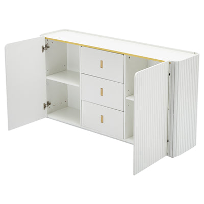 Buffet LED Multifonctionnel Blanc avec 20 Couleurs, Portes Striées et 3 Tiroirs KRAUDREL