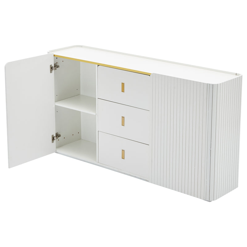 Buffet LED Multifonctionnel Blanc avec 20 Couleurs, Portes Striées et 3 Tiroirs KRAUDREL