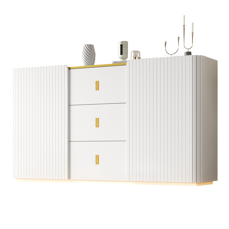 Buffet LED Multifonctionnel Blanc avec 20 Couleurs, Portes Striées et 3 Tiroirs KRAUDREL