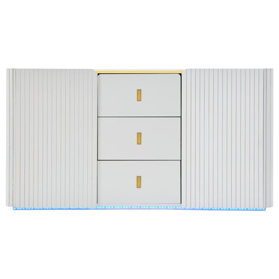Buffet LED Multifonctionnel Blanc avec 20 Couleurs, Portes Striées et 3 Tiroirs KRAUDREL