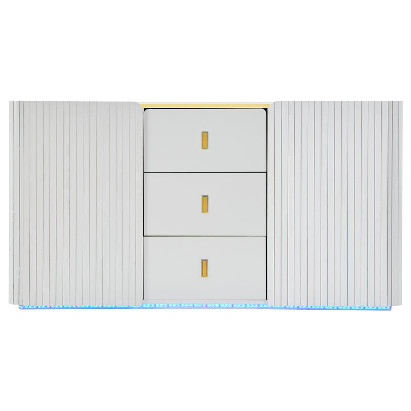 Buffet LED Multifonctionnel Blanc avec 20 Couleurs, Portes Striées et 3 Tiroirs KRAUDREL