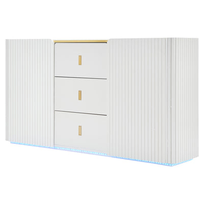 Buffet LED Multifonctionnel Blanc avec 20 Couleurs, Portes Striées et 3 Tiroirs KRAUDREL