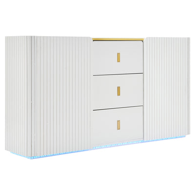 Buffet LED Multifonctionnel Blanc avec 20 Couleurs, Portes Striées et 3 Tiroirs KRAUDREL