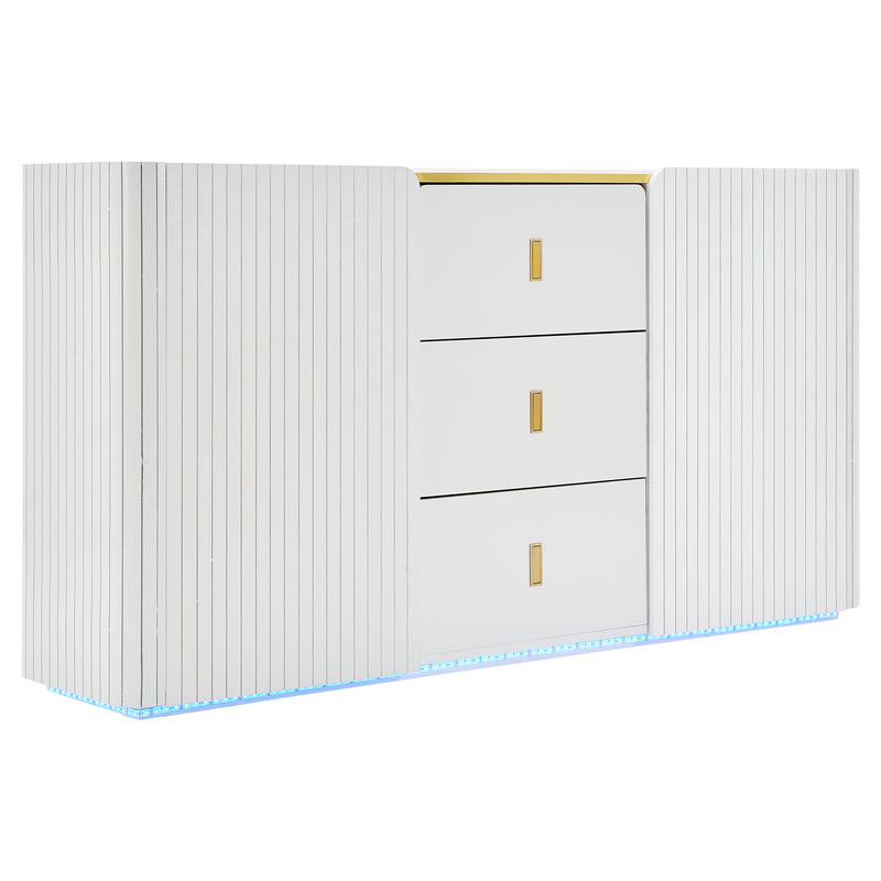 Buffet LED Multifonctionnel Blanc avec 20 Couleurs, Portes Striées et 3 Tiroirs KRAUDREL