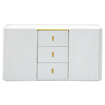 Buffet LED Multifonctionnel Blanc avec 20 Couleurs, Portes Striées et 3 Tiroirs KRAUDREL