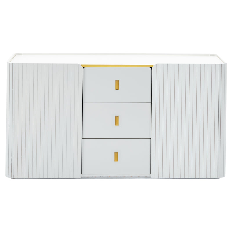 Buffet LED Multifonctionnel Blanc avec 20 Couleurs, Portes Striées et 3 Tiroirs KRAUDREL
