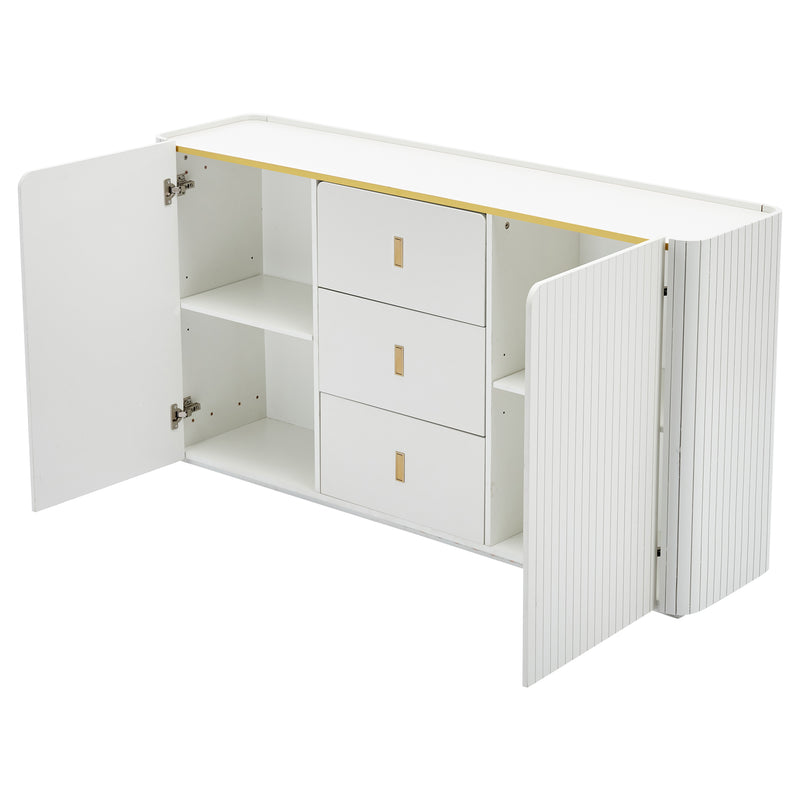 Buffet LED Multifonctionnel Blanc avec 20 Couleurs, Portes Striées et 3 Tiroirs KRAUDREL
