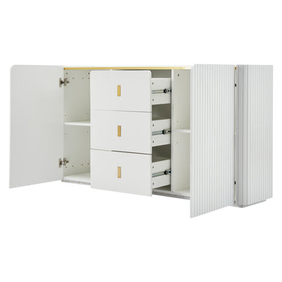Buffet LED Multifonctionnel Blanc avec 20 Couleurs, Portes Striées et 3 Tiroirs KRAUDREL