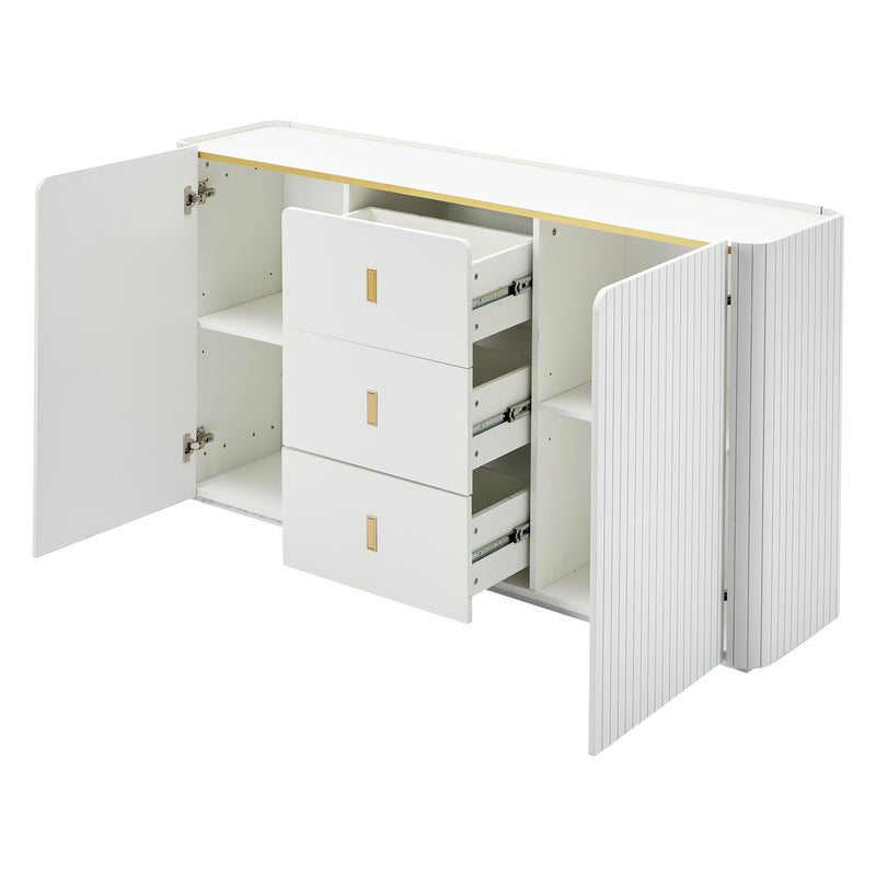Buffet LED Multifonctionnel Blanc avec 20 Couleurs, Portes Striées et 3 Tiroirs KRAUDREL