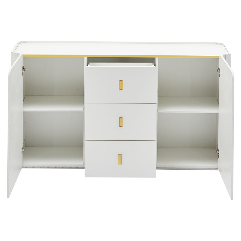 Buffet LED Multifonctionnel Blanc avec 20 Couleurs, Portes Striées et 3 Tiroirs KRAUDREL