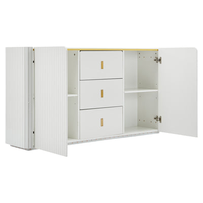 Buffet LED Multifonctionnel Blanc avec 20 Couleurs, Portes Striées et 3 Tiroirs KRAUDREL