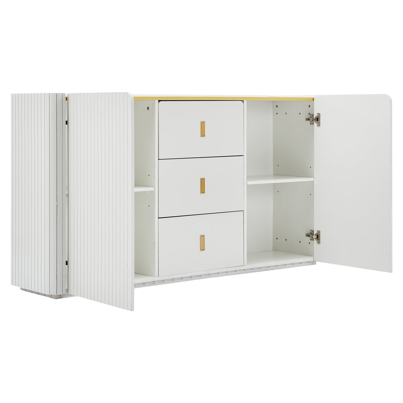 Buffet LED Multifonctionnel Blanc avec 20 Couleurs, Portes Striées et 3 Tiroirs KRAUDREL