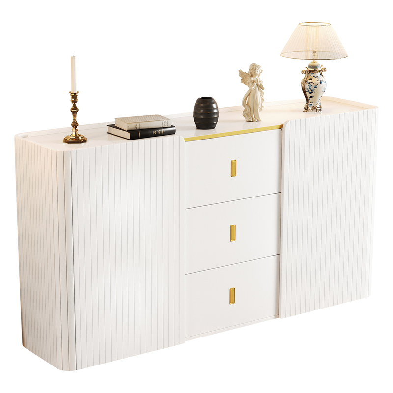 Buffet LED Multifonctionnel Blanc avec 20 Couleurs, Portes Striées et 3 Tiroirs KRAUDREL