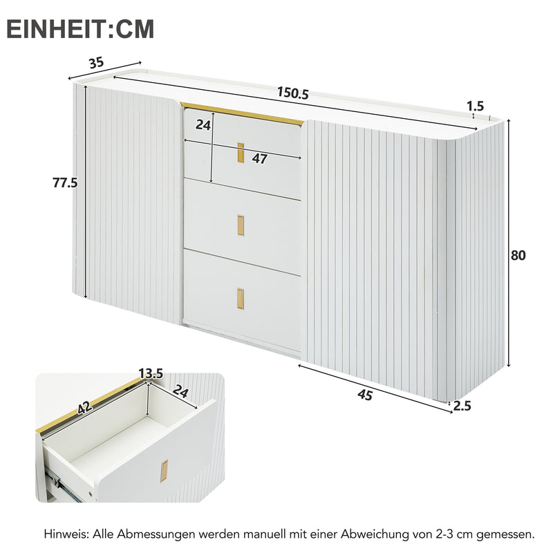 Buffet LED Multifonctionnel Blanc avec 20 Couleurs, Portes Striées et 3 Tiroirs KRAUDREL