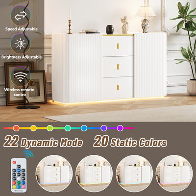 Buffet LED Multifonctionnel Blanc avec 20 Couleurs, Portes Striées et 3 Tiroirs KRAUDREL