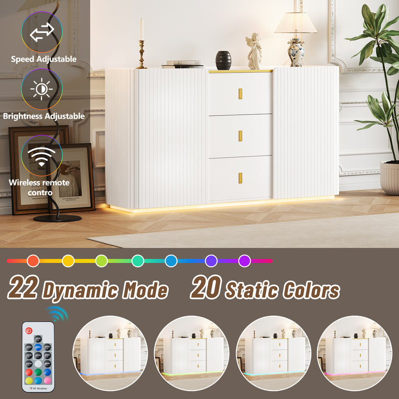 Buffet LED Multifonctionnel Blanc avec 20 Couleurs, Portes Striées et 3 Tiroirs KRAUDREL