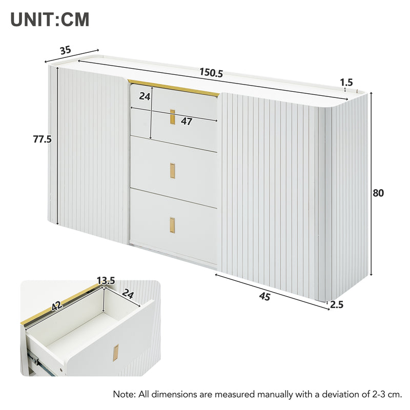 Buffet LED Multifonctionnel Blanc avec 20 Couleurs, Portes Striées et 3 Tiroirs KRAUDREL