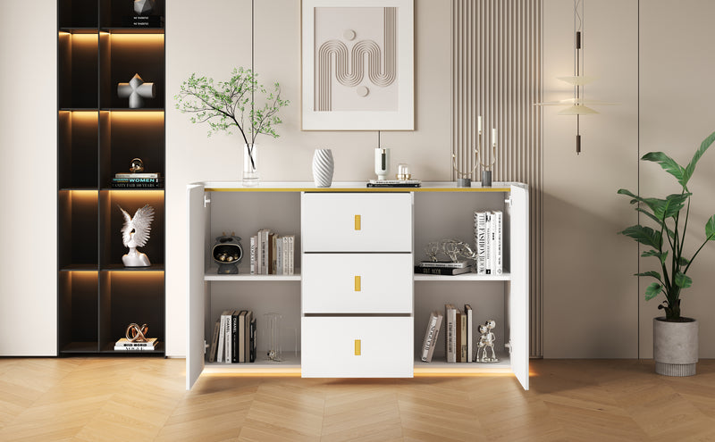 Buffet LED Multifonctionnel Blanc avec 20 Couleurs, Portes Striées et 3 Tiroirs KRAUDREL
