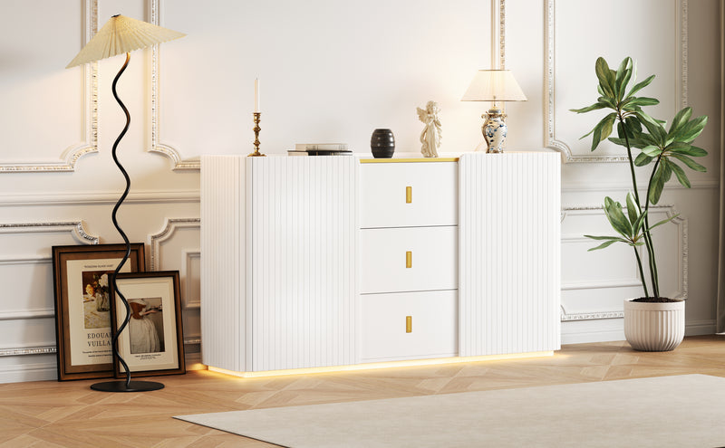 Buffet LED Multifonctionnel Blanc avec 20 Couleurs, Portes Striées et 3 Tiroirs KRAUDREL