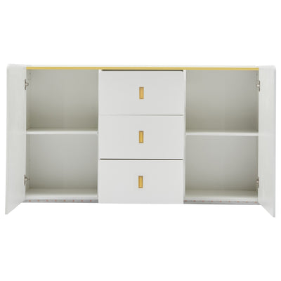 Buffet LED Multifonctionnel Blanc avec 20 Couleurs, Portes Striées et 3 Tiroirs KRAUDREL