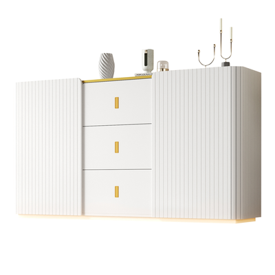 Buffet LED Multifonctionnel Blanc avec 20 Couleurs, Portes Striées et 3 Tiroirs KRAUDREL