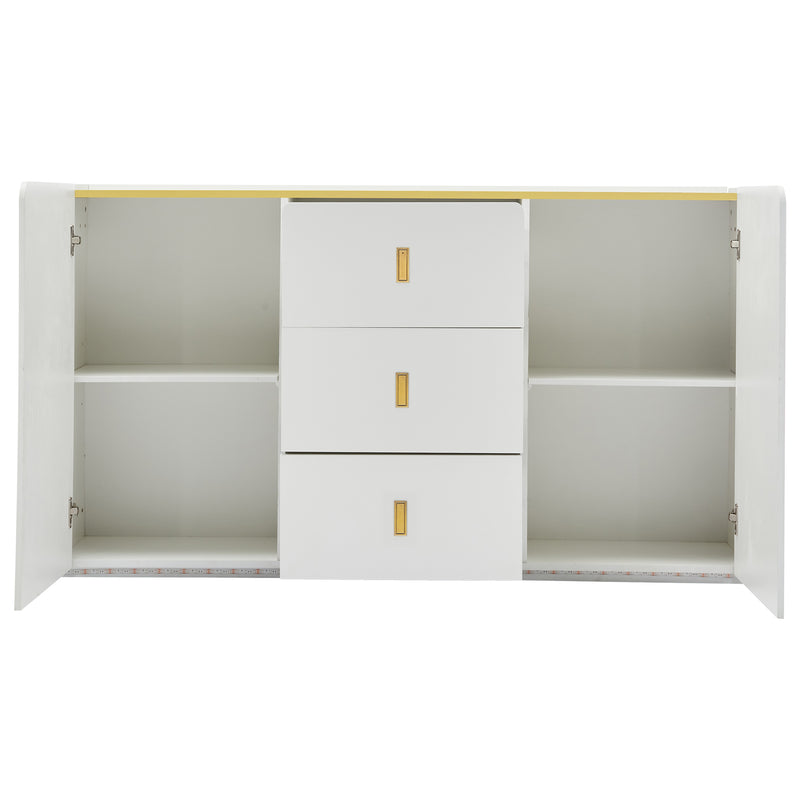 Buffet LED Multifonctionnel Blanc avec 20 Couleurs, Portes Striées et 3 Tiroirs KRAUDREL