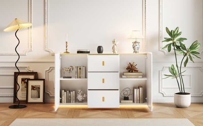 Buffet LED Multifonctionnel Blanc avec 20 Couleurs, Portes Striées et 3 Tiroirs KRAUDREL