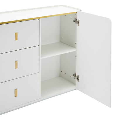 Buffet LED Multifonctionnel Blanc avec 20 Couleurs, Portes Striées et 3 Tiroirs KRAUDREL