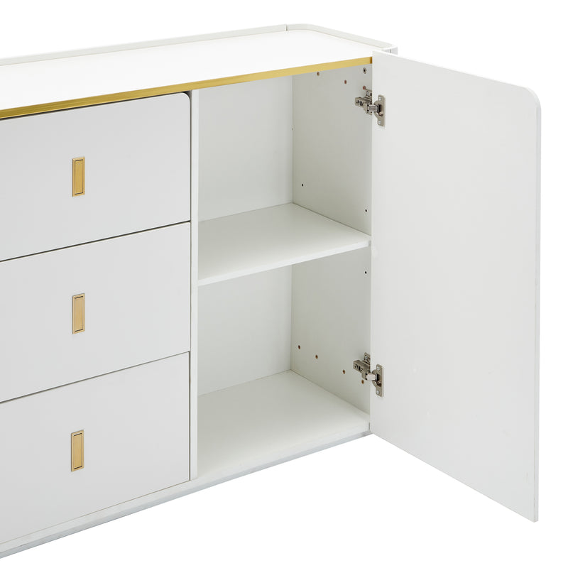 Buffet LED Multifonctionnel Blanc avec 20 Couleurs, Portes Striées et 3 Tiroirs KRAUDREL