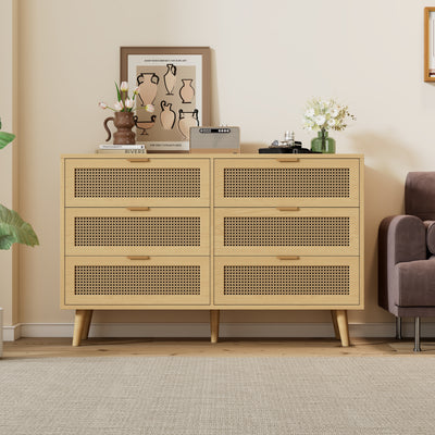 Commode Rétro Élégante en Chêne avec 6 Tiroirs en Rotin et Pieds en Bois Massif KRAUTIX