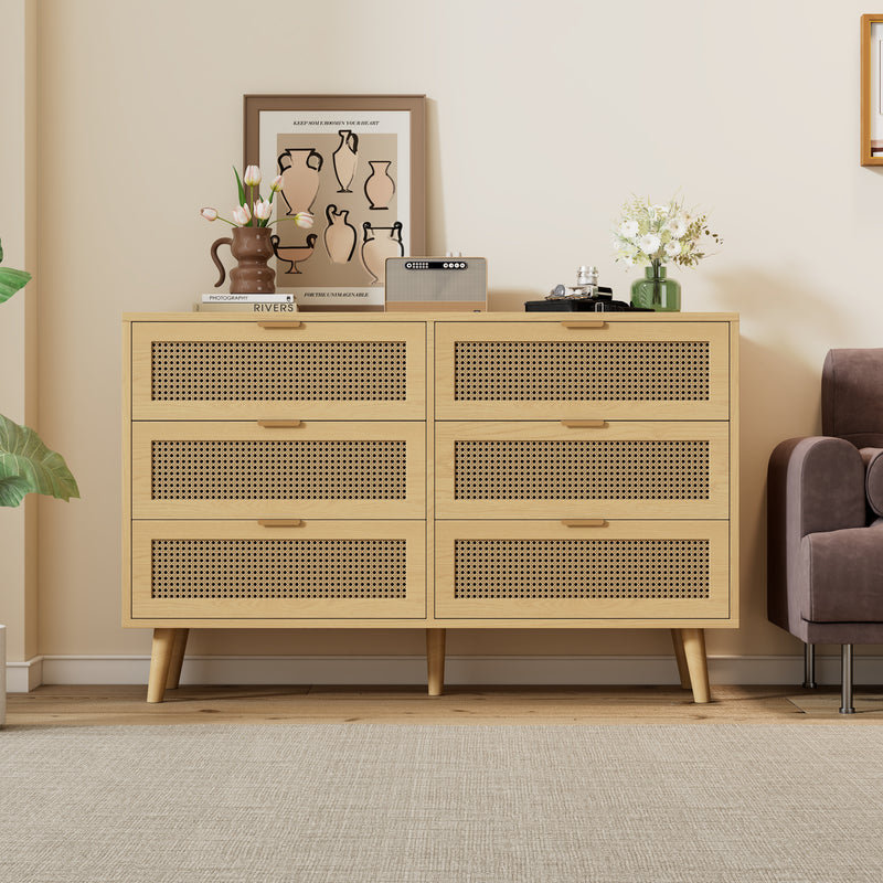 Commode Rétro Élégante en Chêne avec 6 Tiroirs en Rotin et Pieds en Bois Massif KRAUTIX