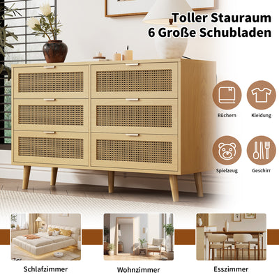 Commode Rétro Élégante en Chêne avec 6 Tiroirs en Rotin et Pieds en Bois Massif KRAUTIX