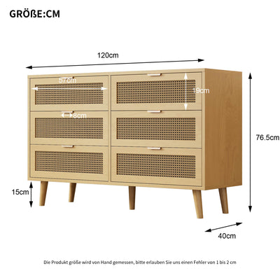 Commode Rétro Élégante en Chêne avec 6 Tiroirs en Rotin et Pieds en Bois Massif KRAUTIX