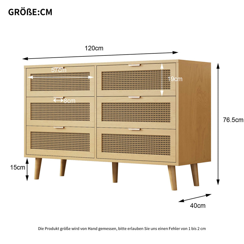 Commode Rétro Élégante en Chêne avec 6 Tiroirs en Rotin et Pieds en Bois Massif KRAUTIX