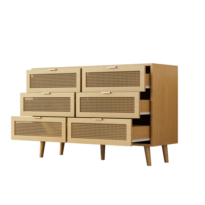 Commode Rétro Élégante en Chêne avec 6 Tiroirs en Rotin et Pieds en Bois Massif KRAUTIX
