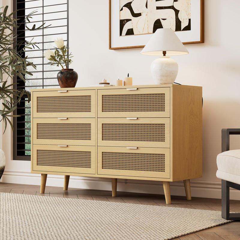 Commode Rétro Élégante en Chêne avec 6 Tiroirs en Rotin et Pieds en Bois Massif KRAUTIX