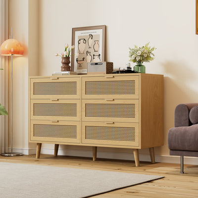 Commode Rétro Élégante en Chêne avec 6 Tiroirs en Rotin et Pieds en Bois Massif KRAUTIX