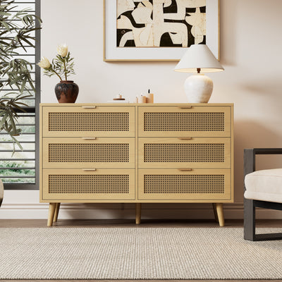 Commode Rétro Élégante en Chêne avec 6 Tiroirs en Rotin et Pieds en Bois Massif KRAUTIX